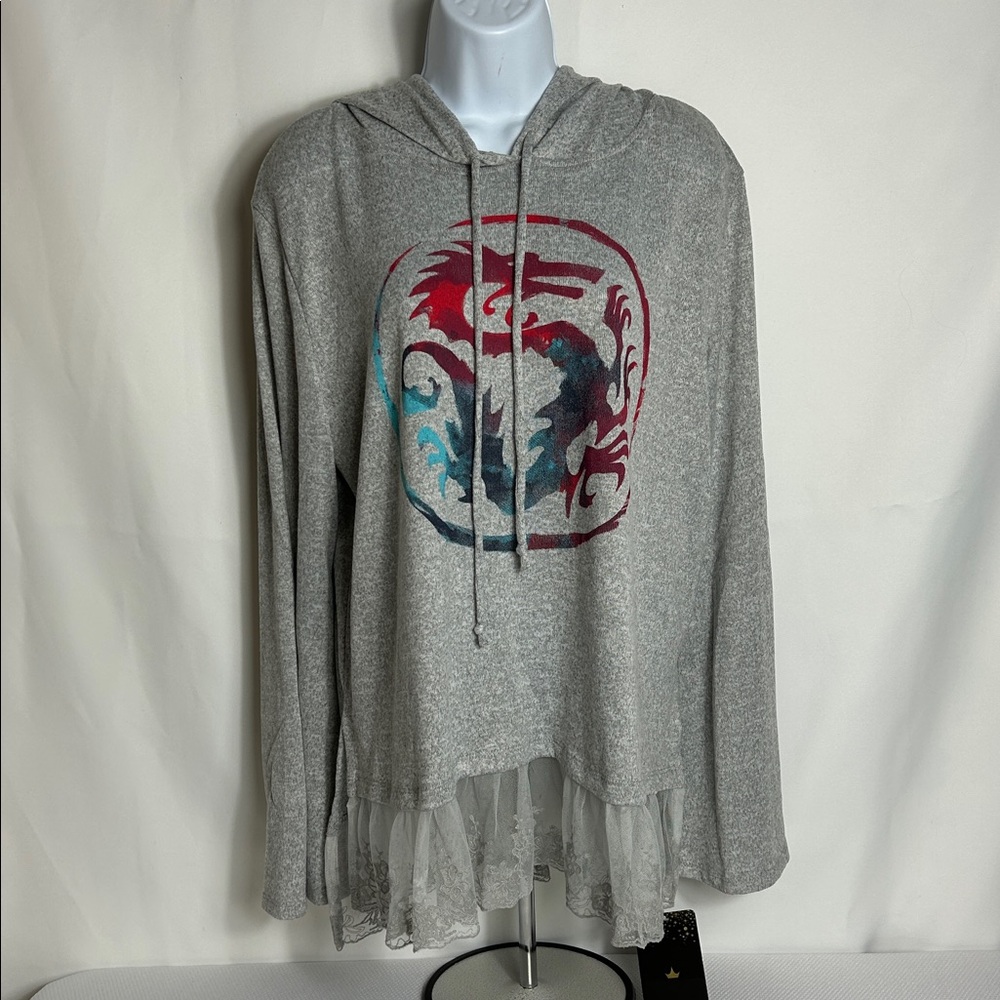 Disney Princess Mulan Women’s Size 2X Gray Hoodie Lace Bottom Dragon Top